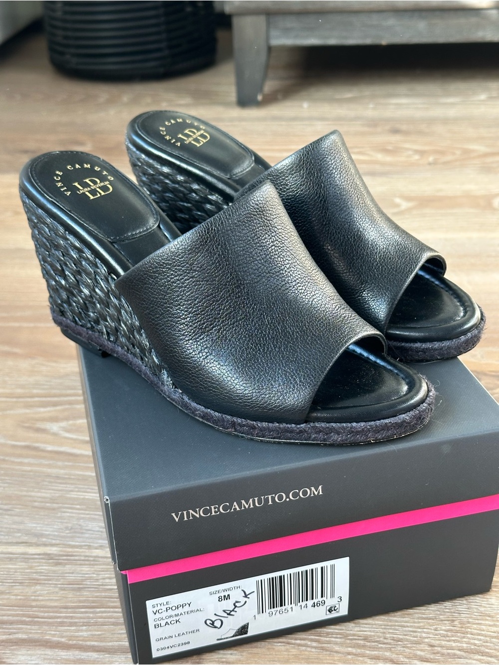 Vince Camuto Black Leather Woven Wedge Slide Sandals